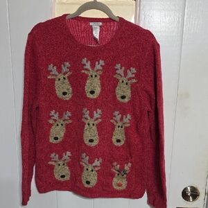 2 Friends Womens Reindeer Sweater Red/Black Pocket Cozy Soft Christmas L EUC